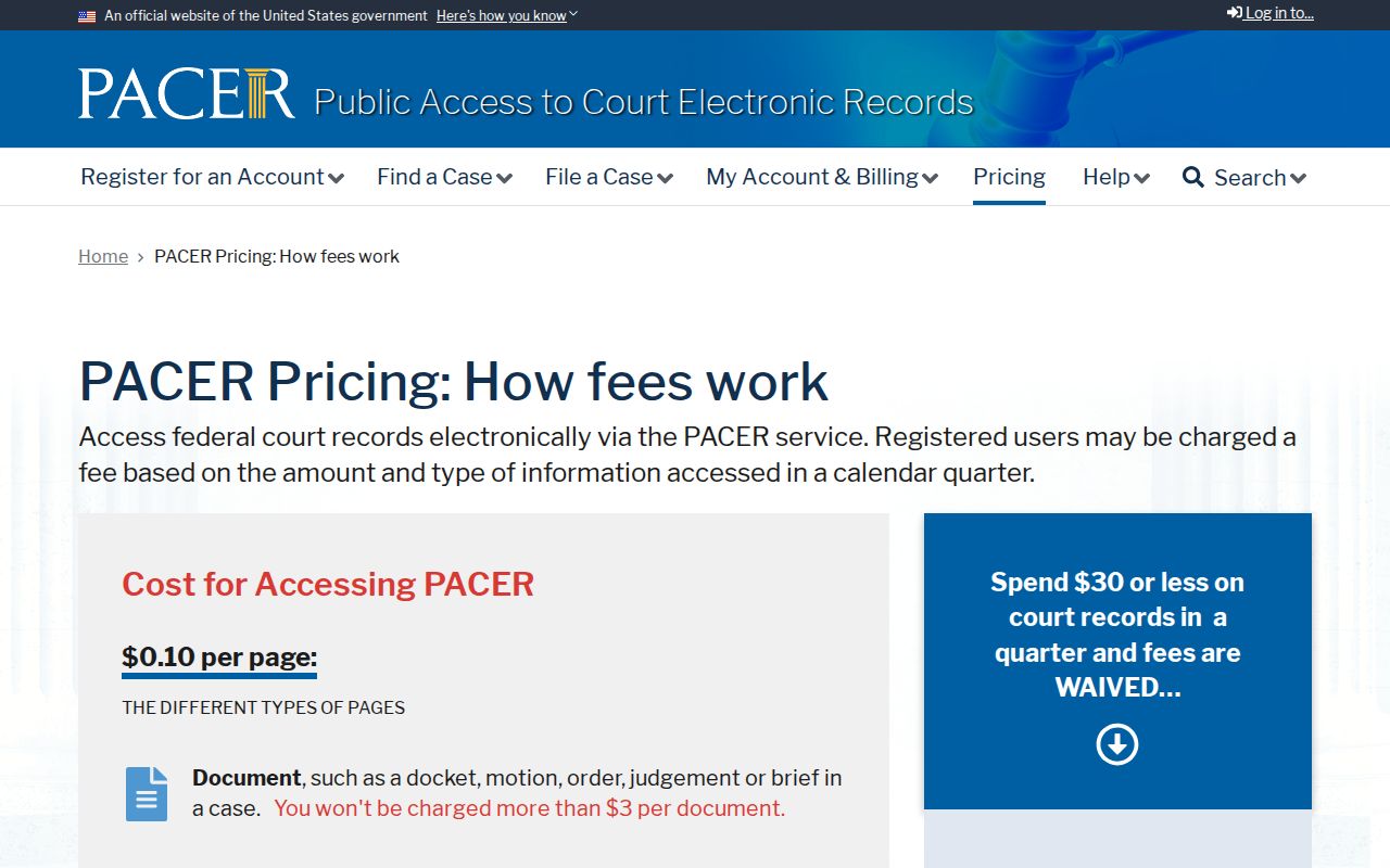 DeKalb County warrant records federal PACER case-record fee guidance